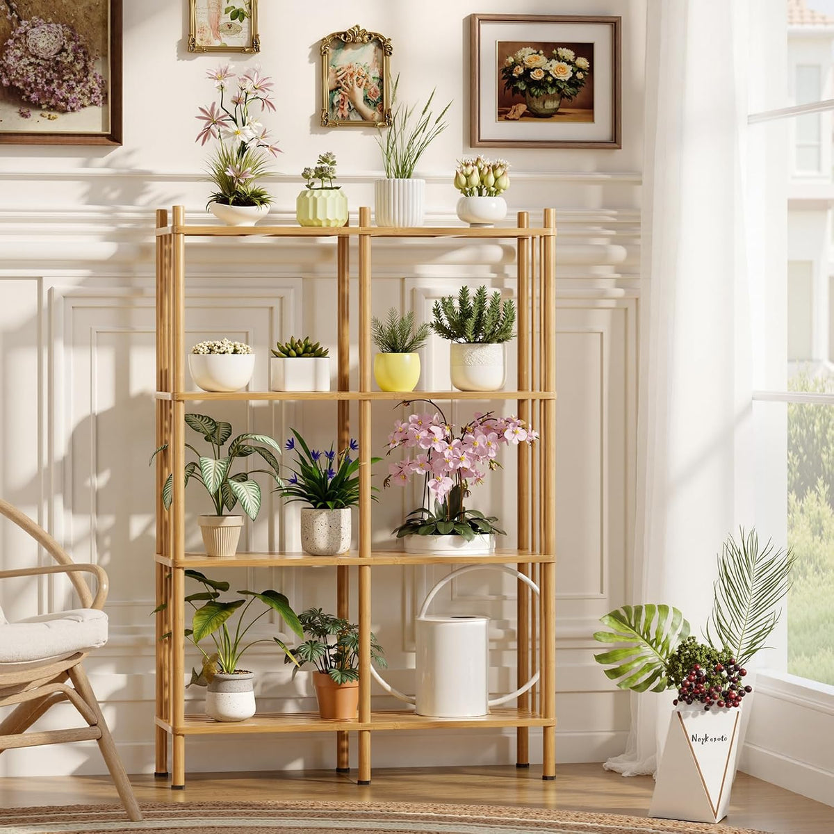 4 Tier Book Shelf, Wide Bamboo Bookshelf, Tall Bookcase with 8 Open Display S...