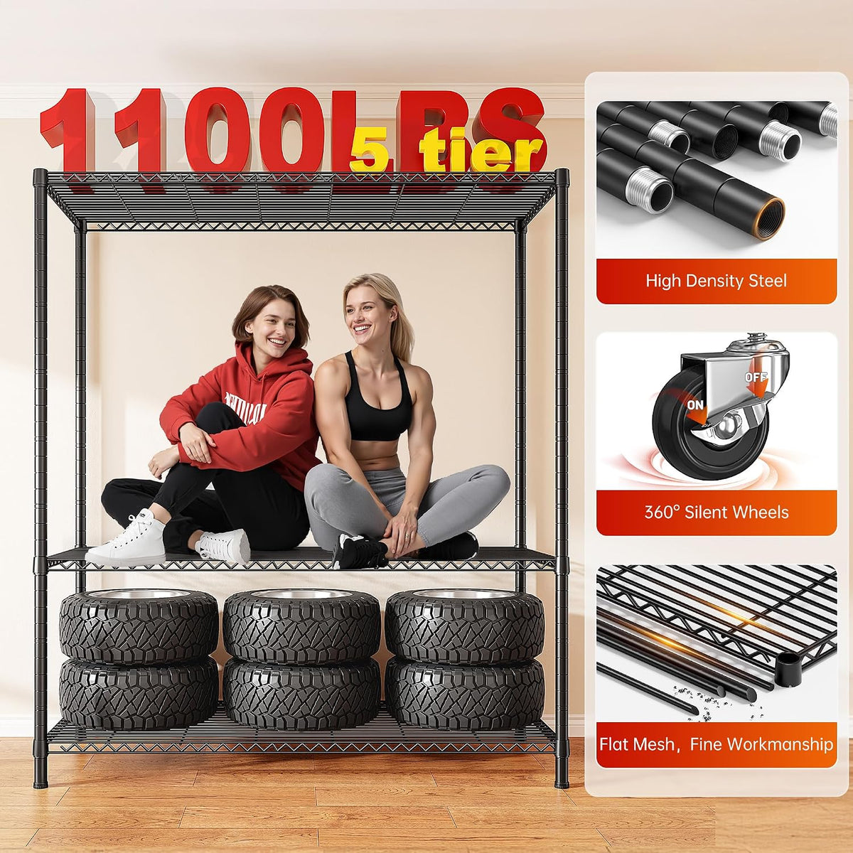reibii 45"w 5-tier storage shelves with cover & showing dimensions
