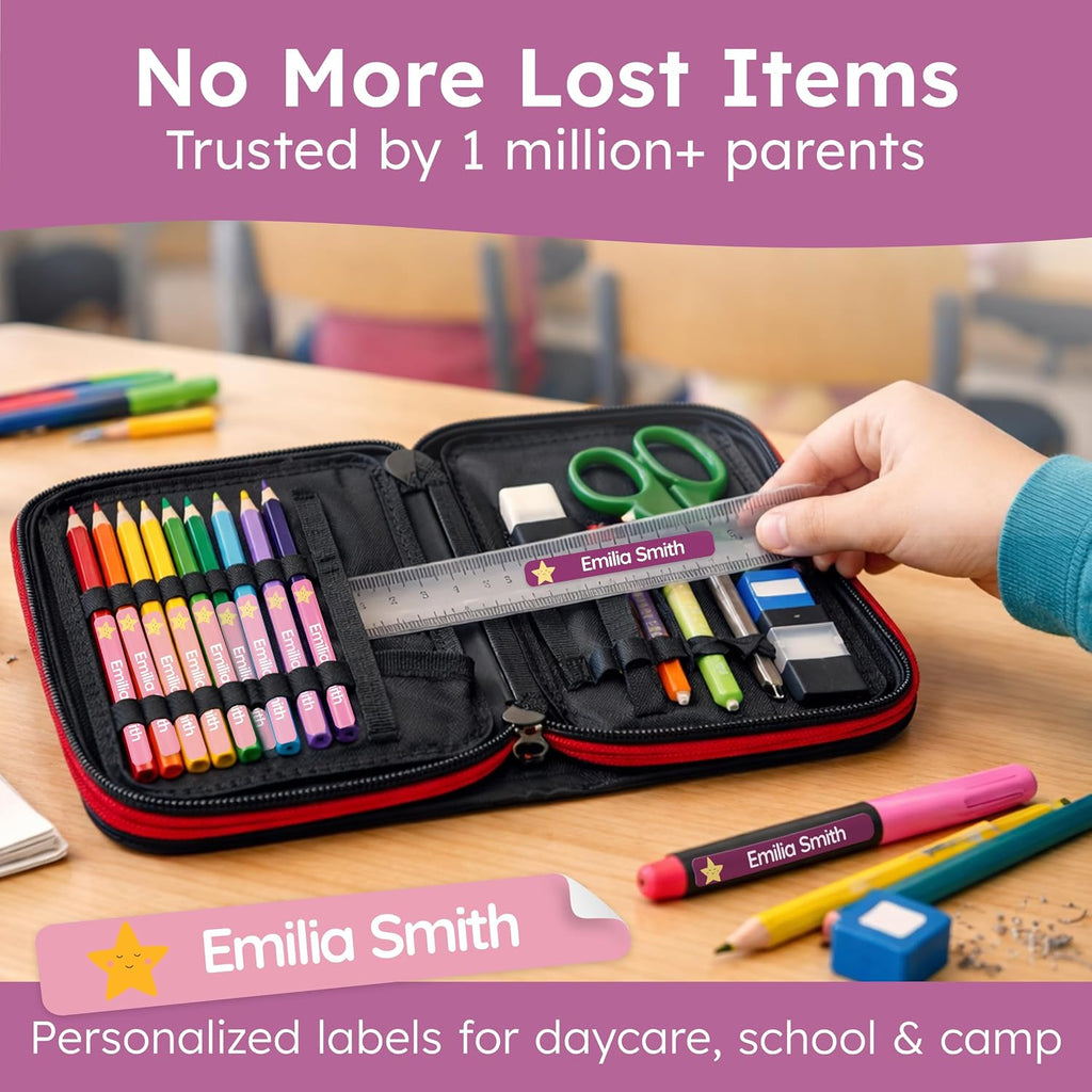 Personalized Kids Name Labels for Pencils Pink [75pcs] - Waterproof Name Stickers for School & Daycare - Pencil Custom Name Stickers - Children Name Stick On Labels for Pens (2.0”x0.3”)