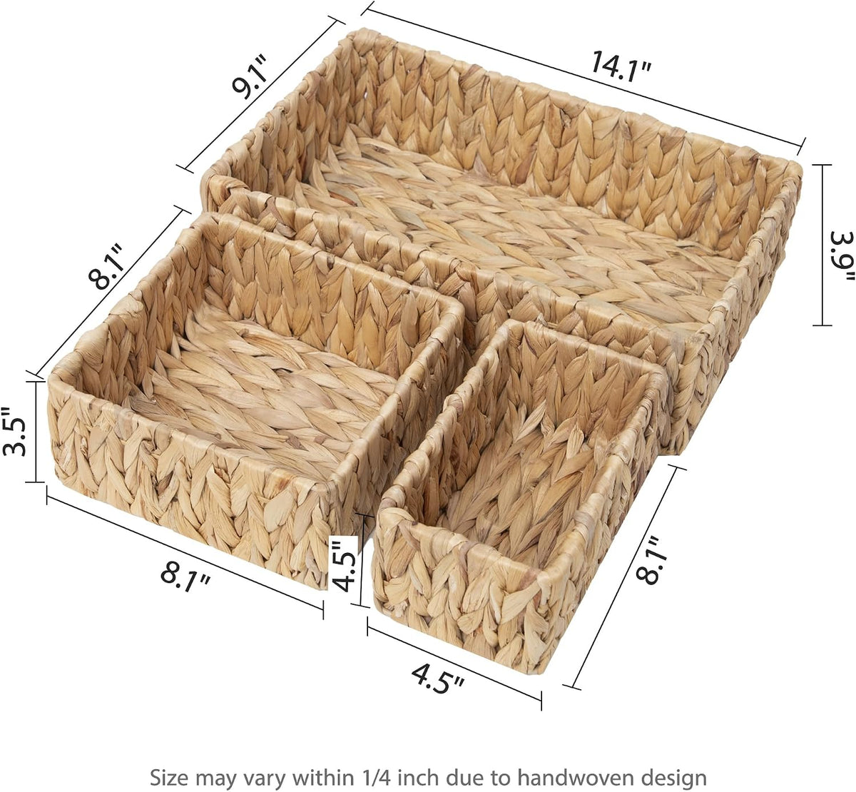 Handwoven Water Hyacinth Wicker Baskets for Organizer Set of 3