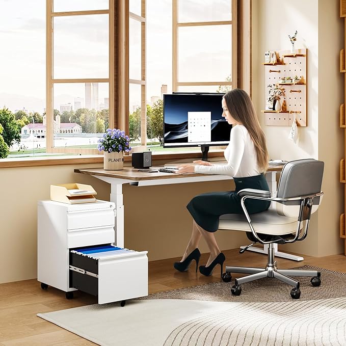 MIIIKO White Filing Cabinet 3 Drawers on Wheels Under Desk, Metal Rolling File - Image 6