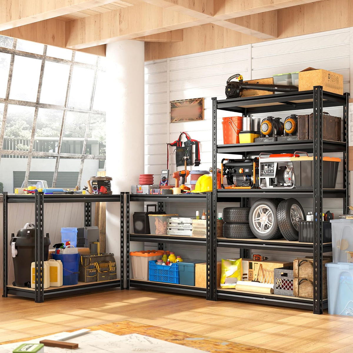 reibii 2 pack garage shelving,5 tier heavy duty shown in use