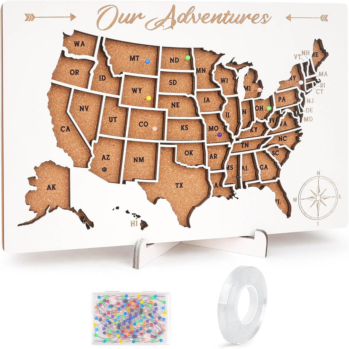 Luoyadee USA Cork Board Travel Map with 100 Push Pins & Display Stand