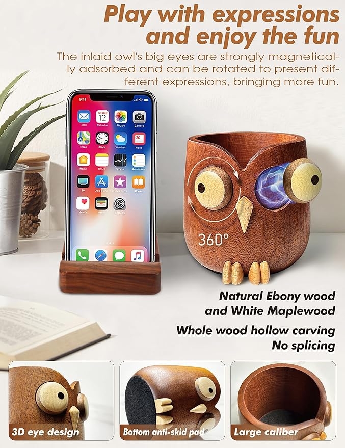 WODTILIFE Cute Owl Pen Holder for desk and walnut Phone Stand, Fun ebony pencil - Image 6