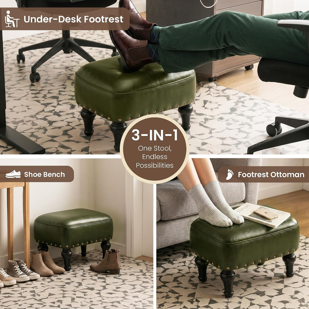 Cmishe Ottoman Leather Footrest, Vintage Footstool with Hidden Storage, Thick...