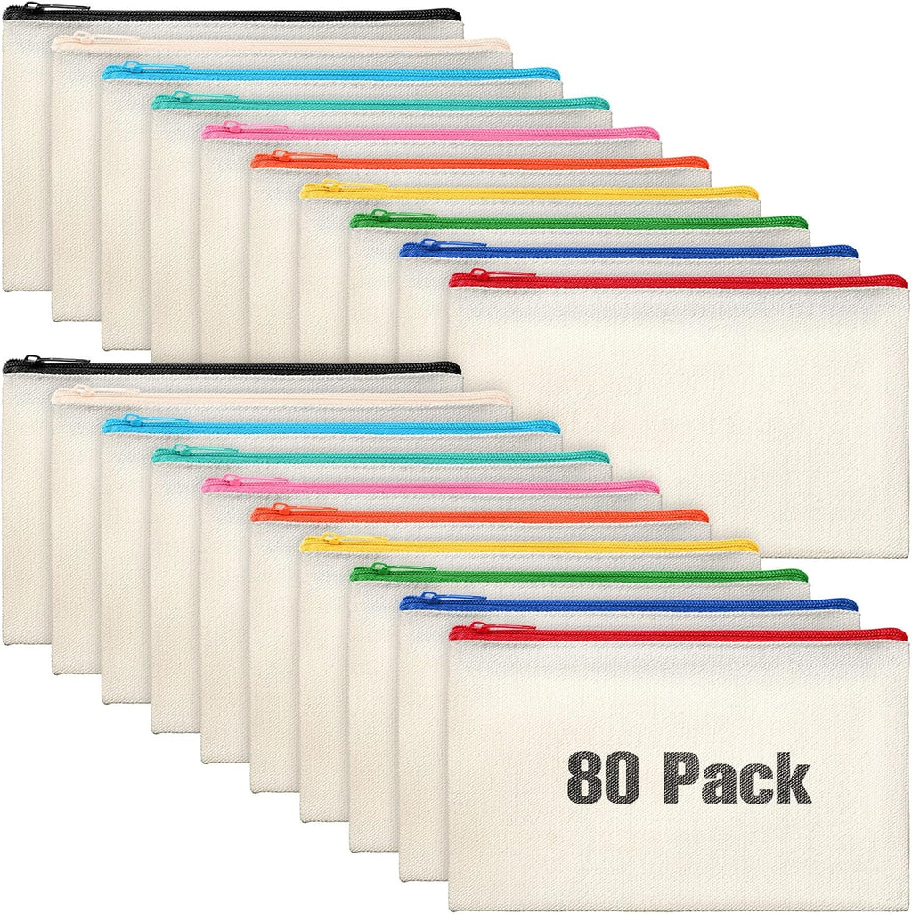Reginary 80 Pack Canvas Zipper Makeup Bags Bulk Pencil Pouches Blank DIY Craft