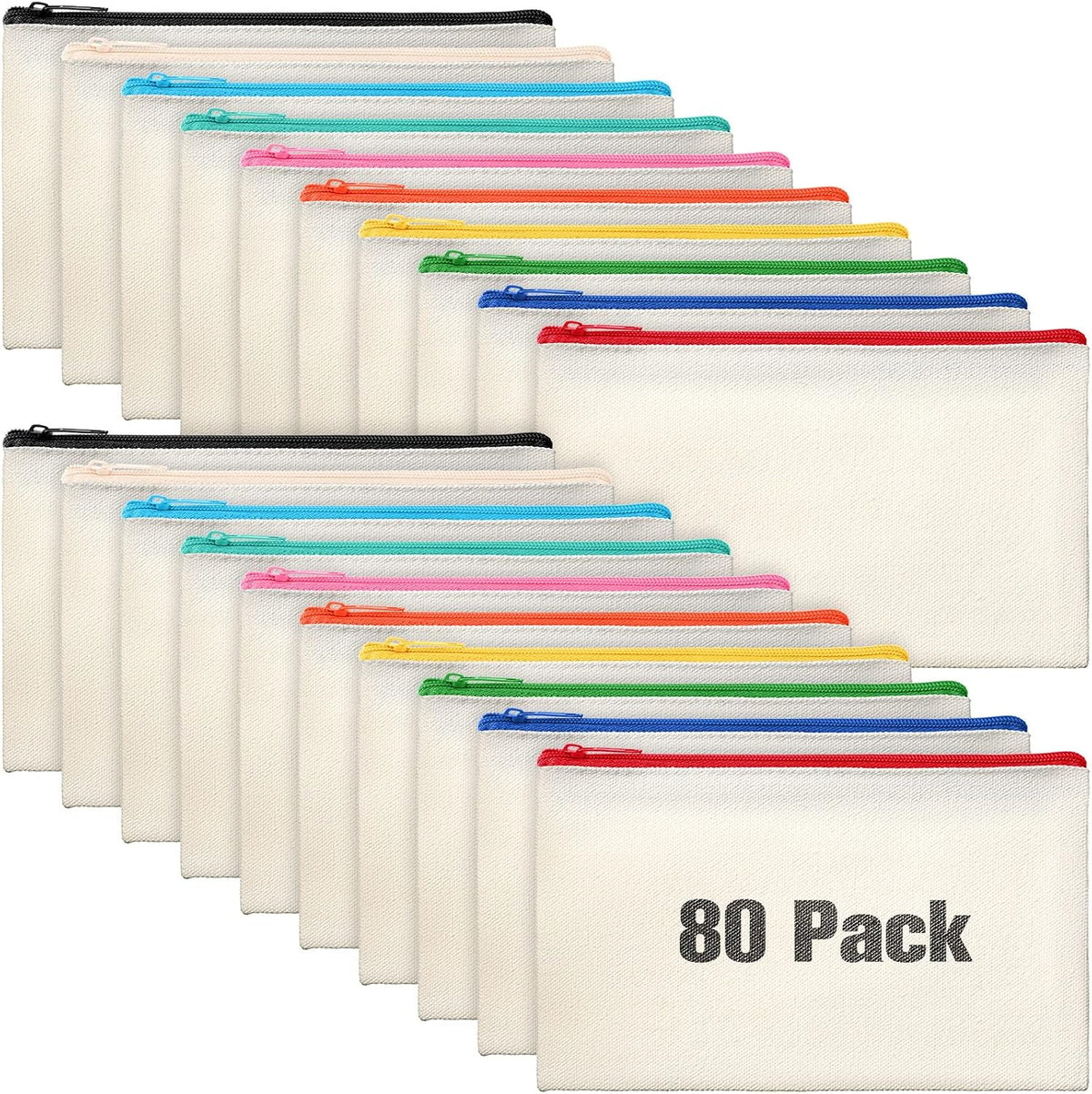 Reginary 80 Pack Canvas Zipper Makeup Bags Bulk Pencil Pouches Blank DIY Craft