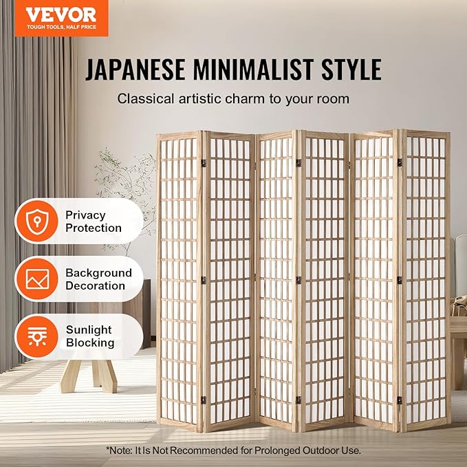 VEVOR Room Divider, 6 Panel Japanese Room Divider, Wood Folding Privacy Screen - Image 2
