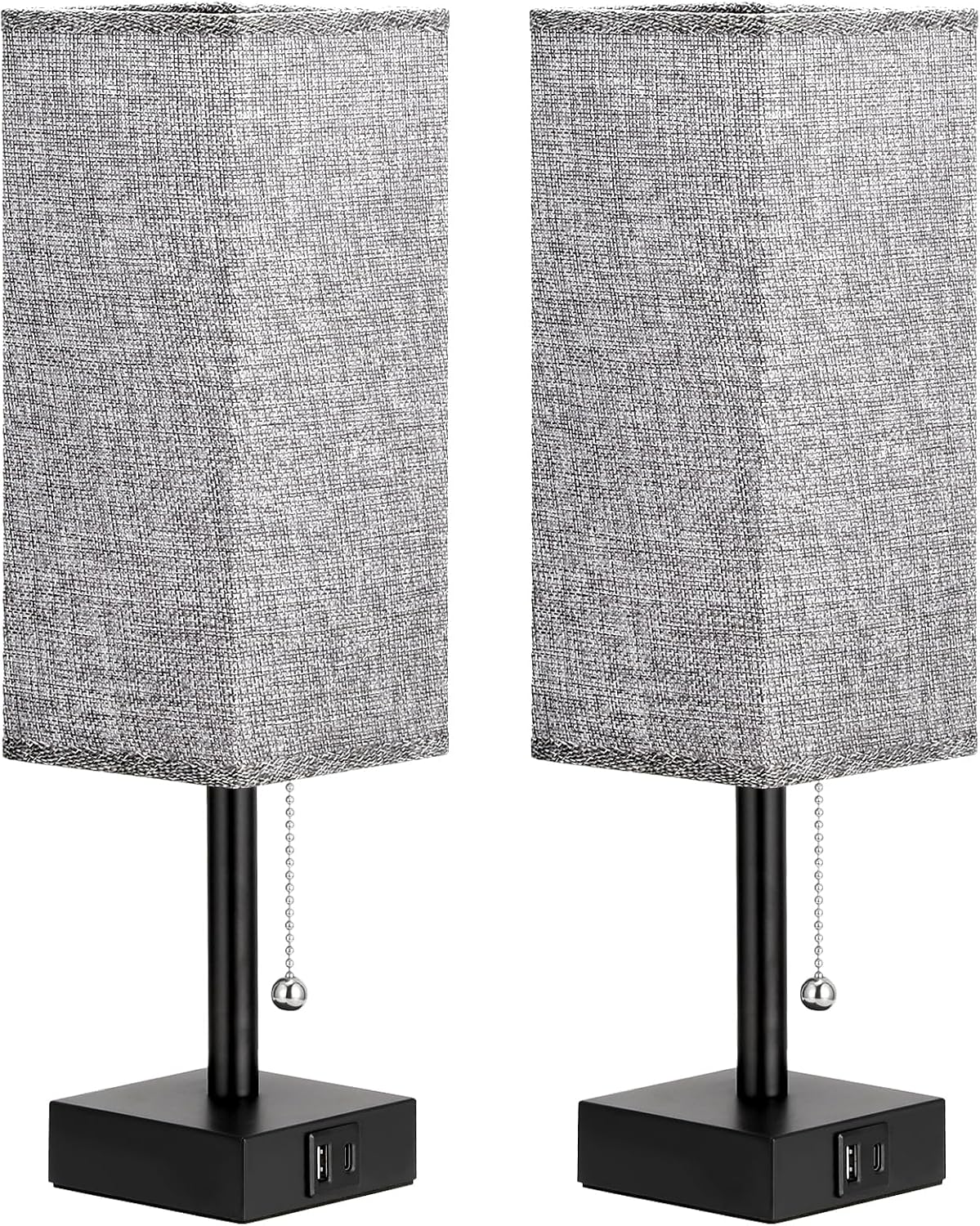 Set of 2 Grey Bedside Table Lamps for Bedroom - Nightstand Lamp, USB C+A