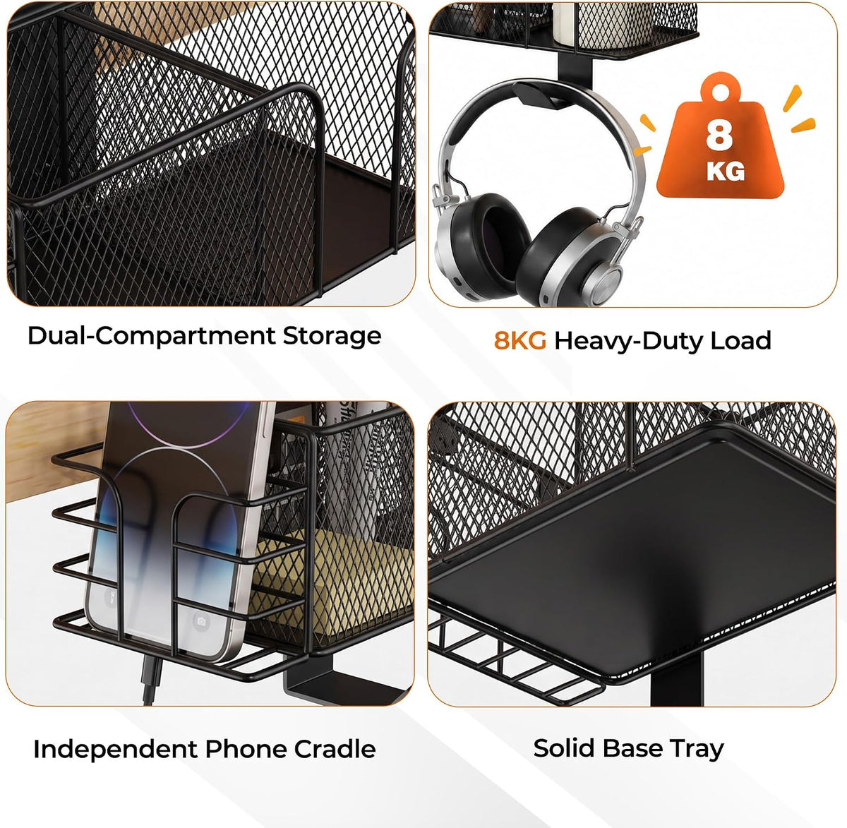 4-in-1 Clamp on Desk Cup Holder, Dual Compartment Mesh Organizer with Detacha...