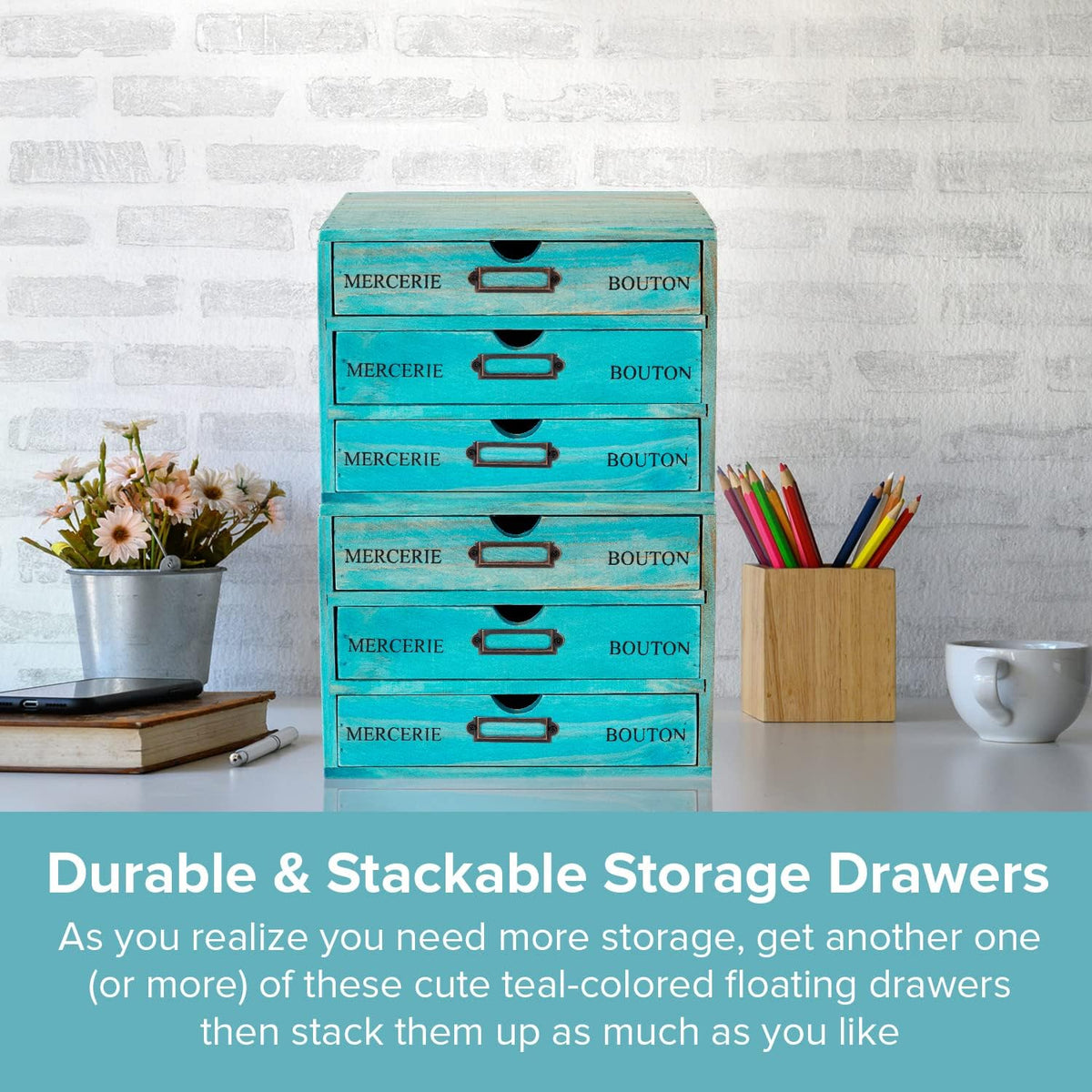 Turquoise 3-Tier Drawer Unit - European Country Style Desk Organizer Box - 9....