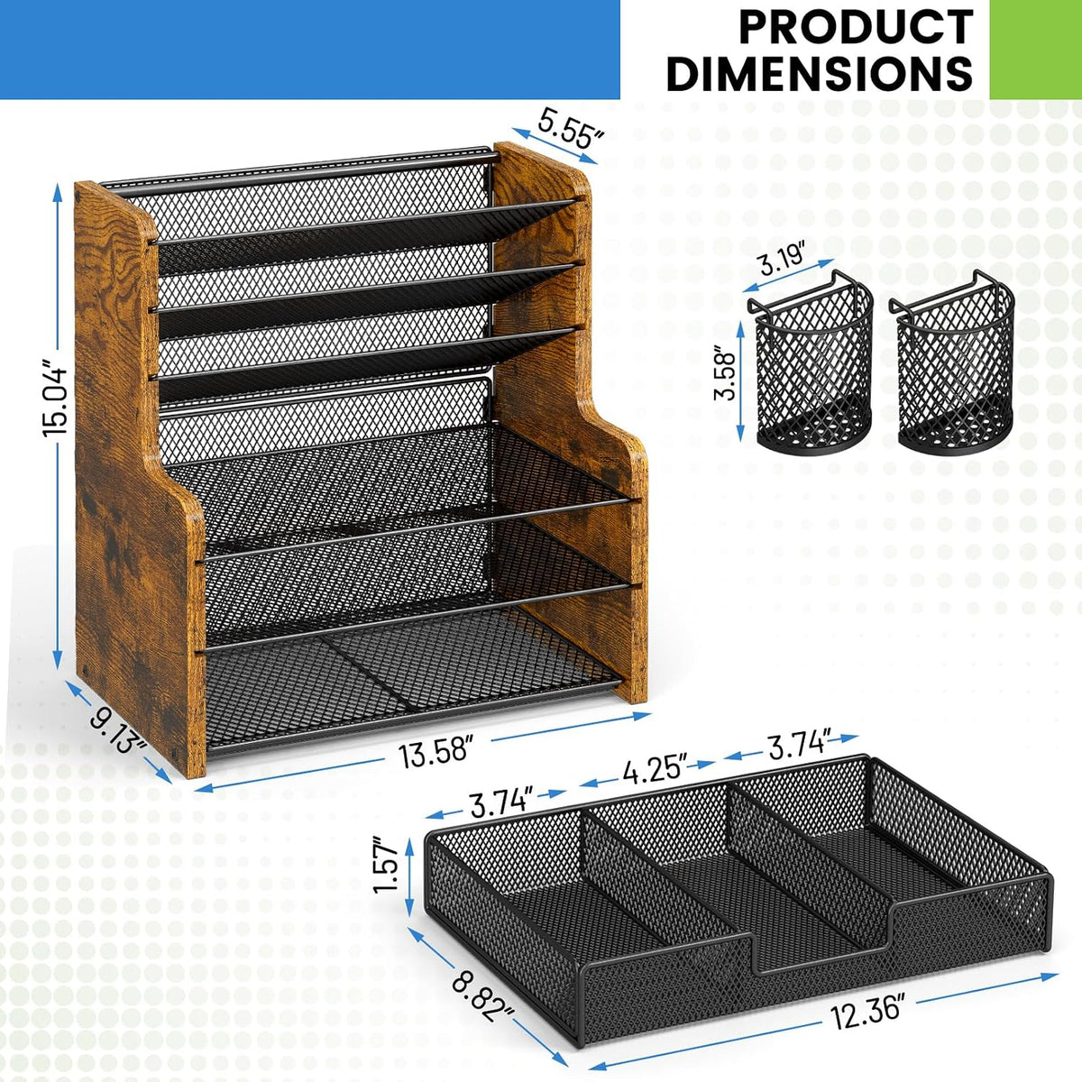daoutime 6-tier mesh desk organizer with drawer, wooden on a desk or shelf