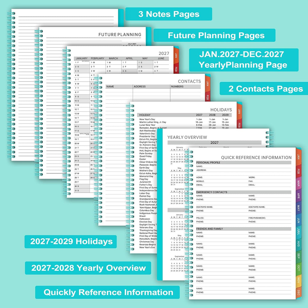 2027 Weekly Appointment Book & Planner - Daily Hourly Planner 2027, 9" x 11", January 2027 - December 2027, 30-Minute Interval, Lay - Flat, Spiral Binding, Thick Paper - Teal Green