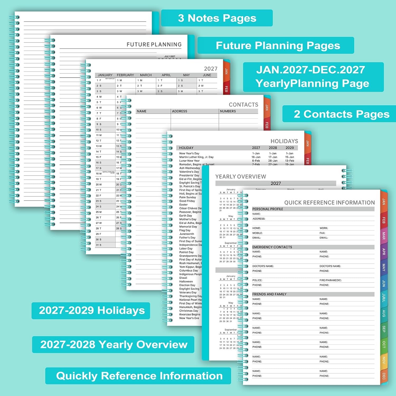2027 Weekly Appointment Book & Planner - Daily Hourly Planner 2027, 9" x 11", January 2027 - December 2027, 30-Minute Interval, Lay - Flat, Spiral Binding, Thick Paper - Teal Green