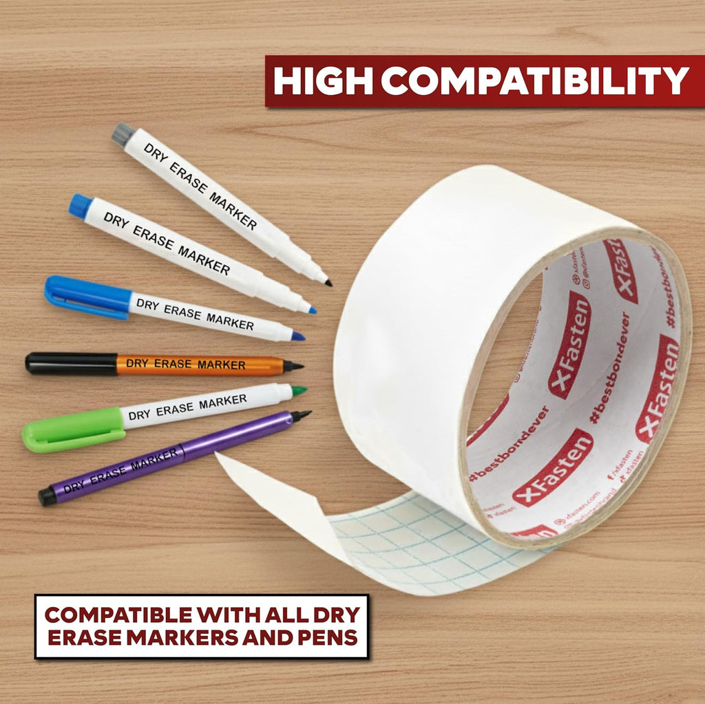 XFasten Dry Erase Tape White 2-Inch x 30-Feet (3-Pack 90 Feet Total) Zero Smudging Ghosting-Free Whiteboard Tape, Reusable Dry Erase Labels for Storage Bins, Sentence Strips for Teachers