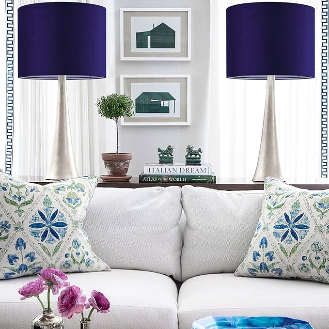 GO&SO Dark Blue Velvet Drum Lamp Shade Set of 2 Medium 13" Top x 13" Bottom x - Image 6
