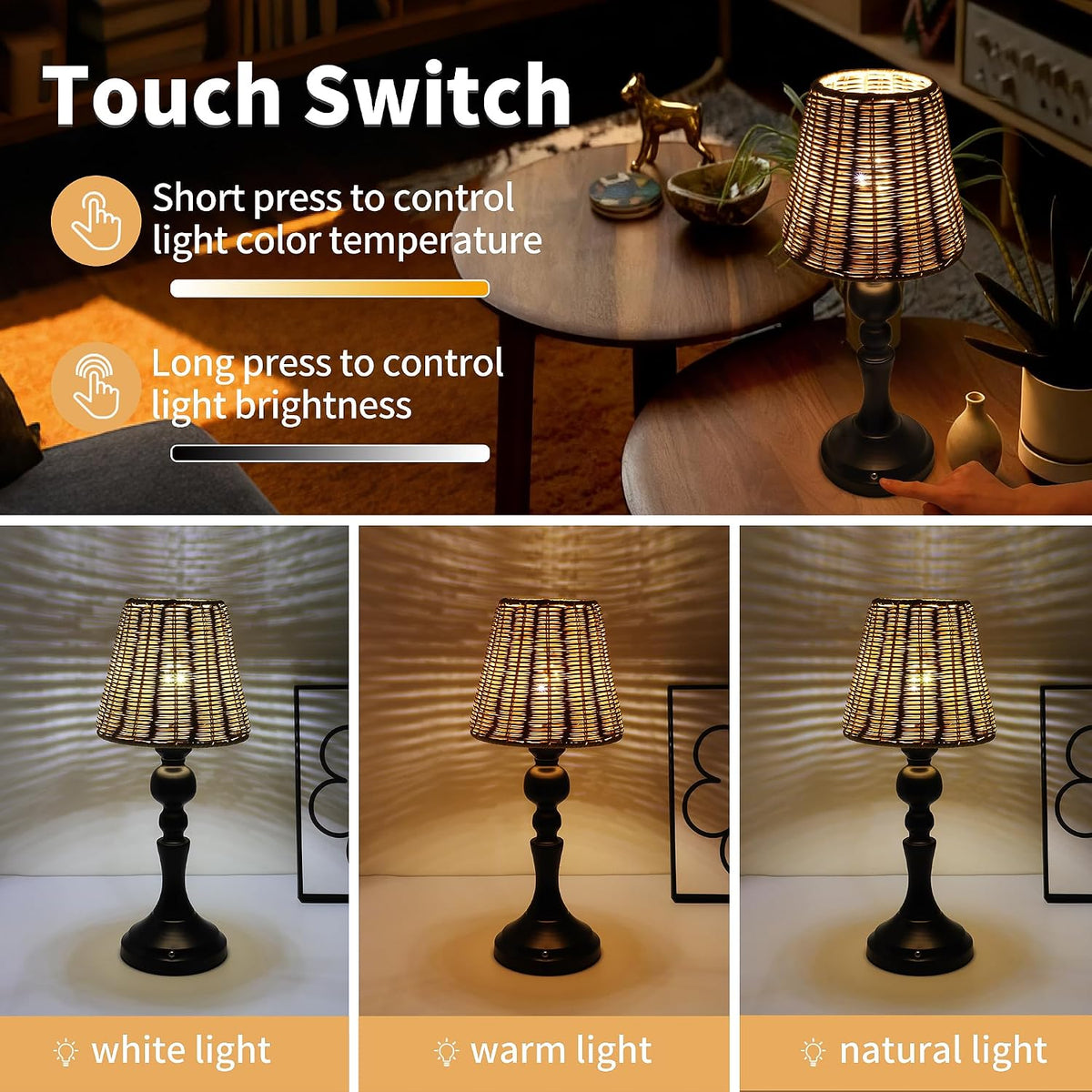 Rechargeable Cordless Table Lamp with Rattan Shade, 5200mAh Touch Dimmable Ba...