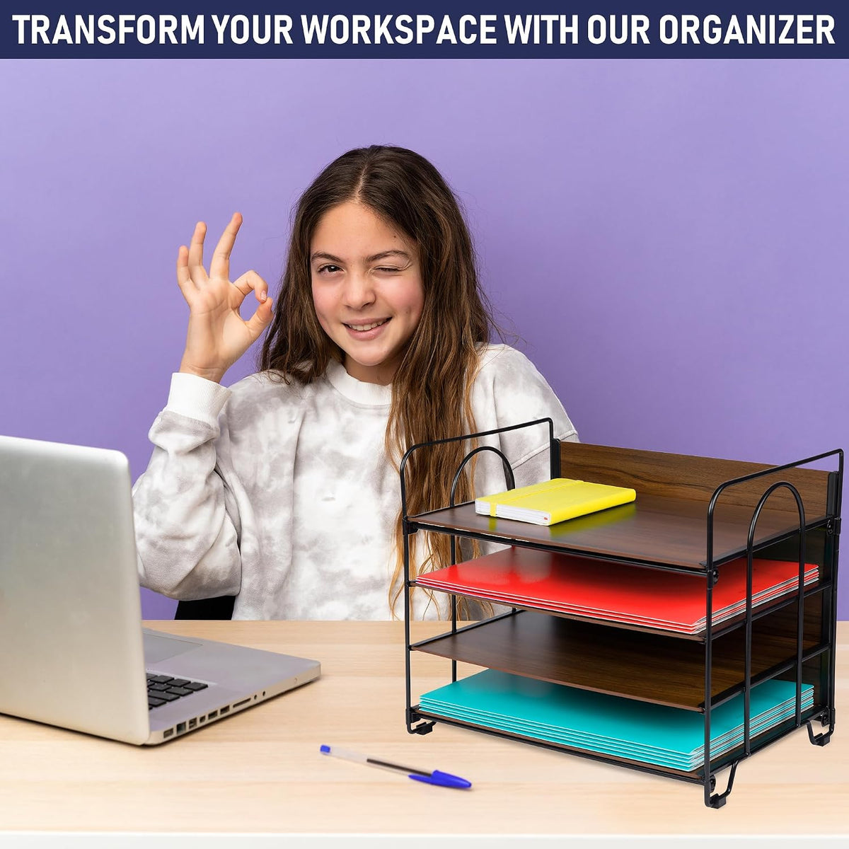 4-Tier Office Organizer, Desk File Organizer with Wood Patterned Shelves, Off...