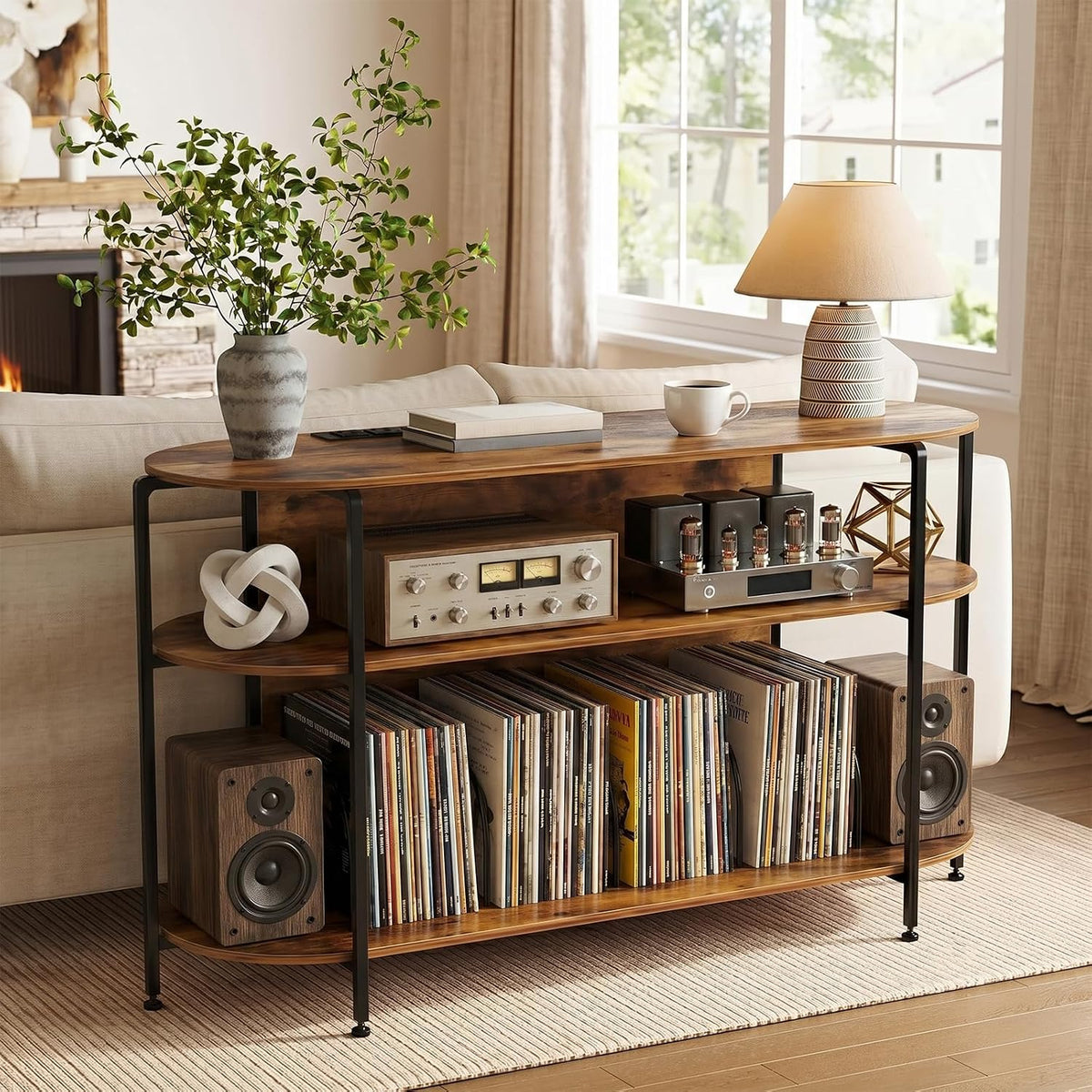 Faesun Vinyl Record Player Stand with Power Outlets, 43.3" Mid Century T...