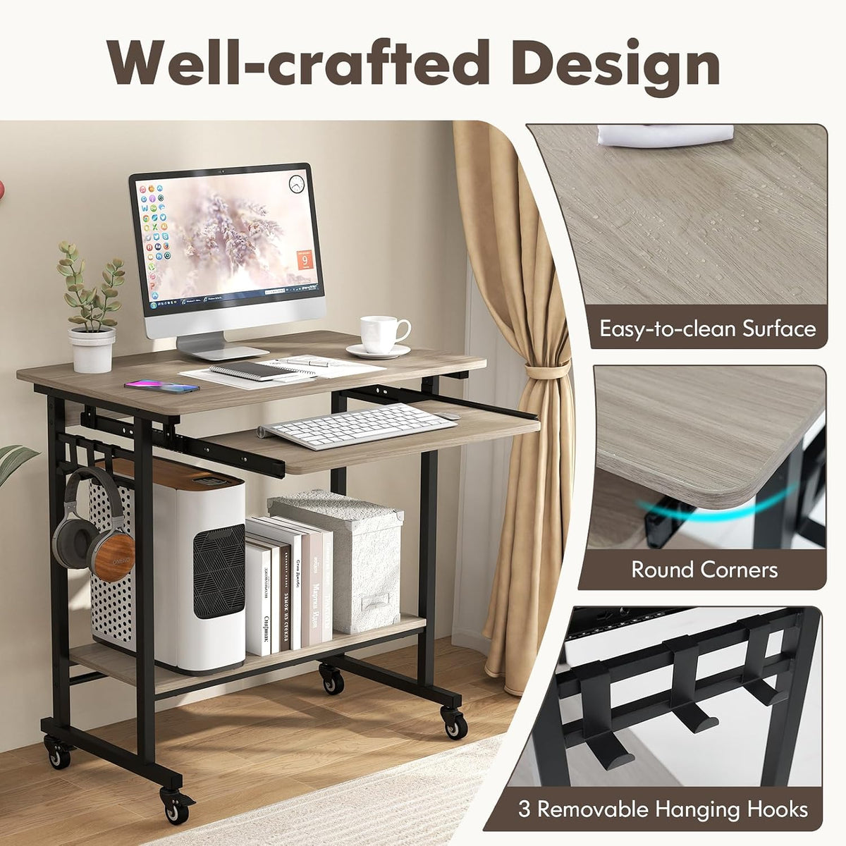 Tangkula Rolling Computer Desk Cart with Keyboard Tray, Mobile Portable Lapto...