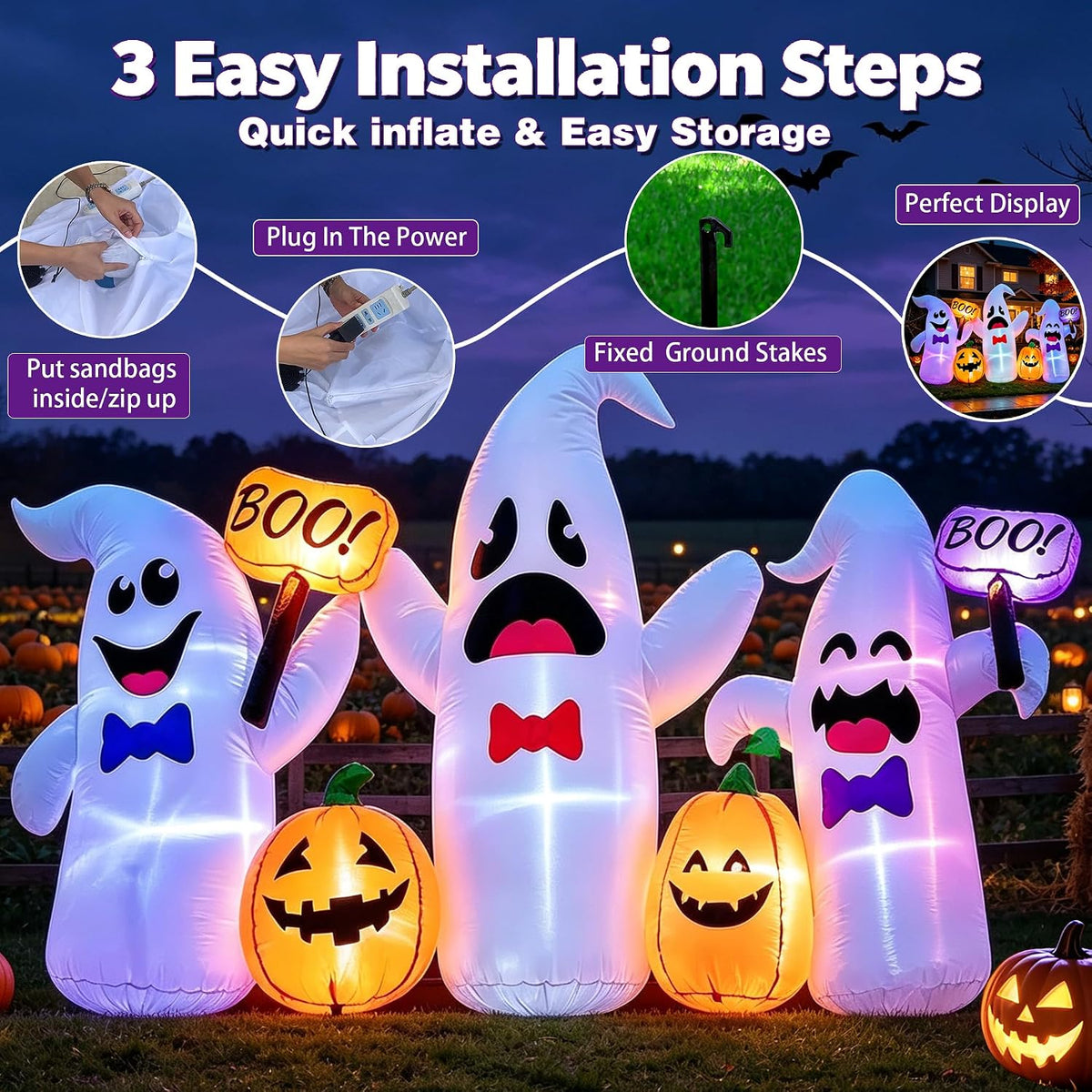 8 Ft Long Halloween Inflatable 3 Ghosts and Pumpkins Decorations Outdoor
