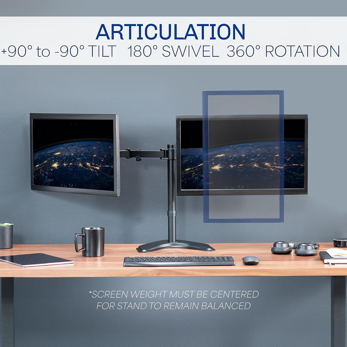 vivo stand-v002f dual led lcd monitor free-standing desk, side view