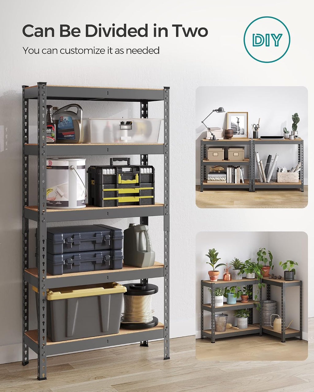 songmics 5-tier storage shelves, load 2310 lb, garage on a desk or shelf