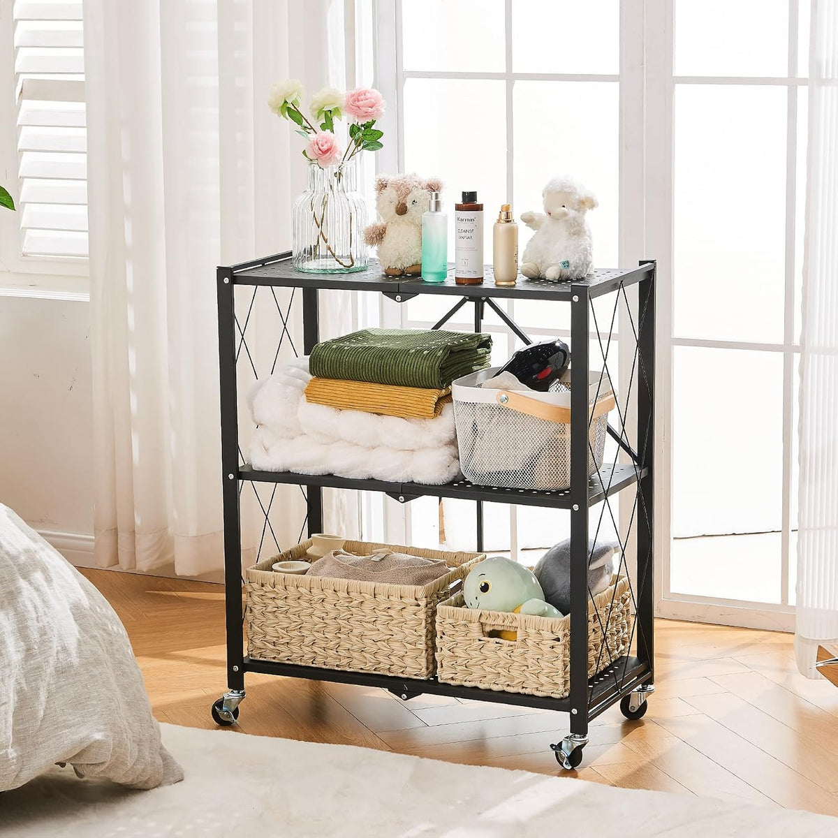 BRIAN & DANY 3-Tier Foldable Storage Shelves with Wheels, No Assembly Fol...