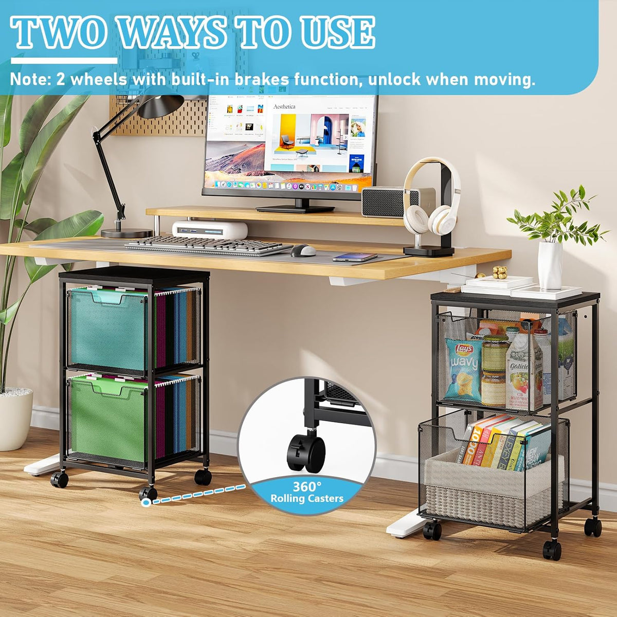Sbanmao Rolling File Cart with 2 Storage Drawers, Mobile File Cabinet with Wh...