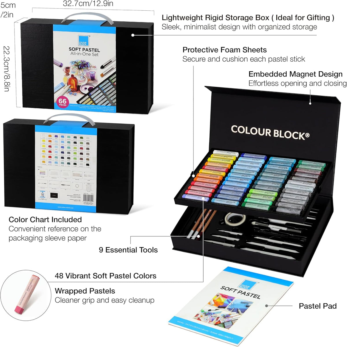 colour block 66-pc soft chalk pastels and tools on a desk or shelf