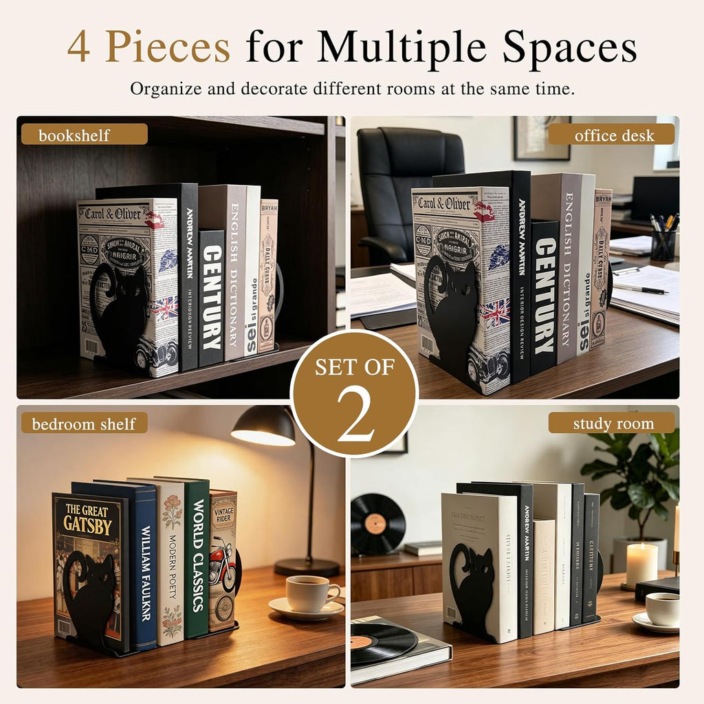 Black Cat Metal Bookends Set of 4 for Shelves, Decorative Book Ends Heavy Duty Non Slip Book Holder for Bookshelf Home Office Desk Decor, Cute Gothic Bookends for Cat Lovers Readers