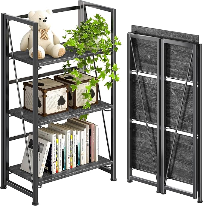 4NM No Assembly Folding Bookshelf Storage Shelves 3 Tiers Vintage Bookcase by 4NM