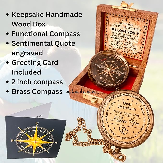 Gift for Grandson Brass Compass Engraved Quote | Memory Present to My Grandson - Image 2