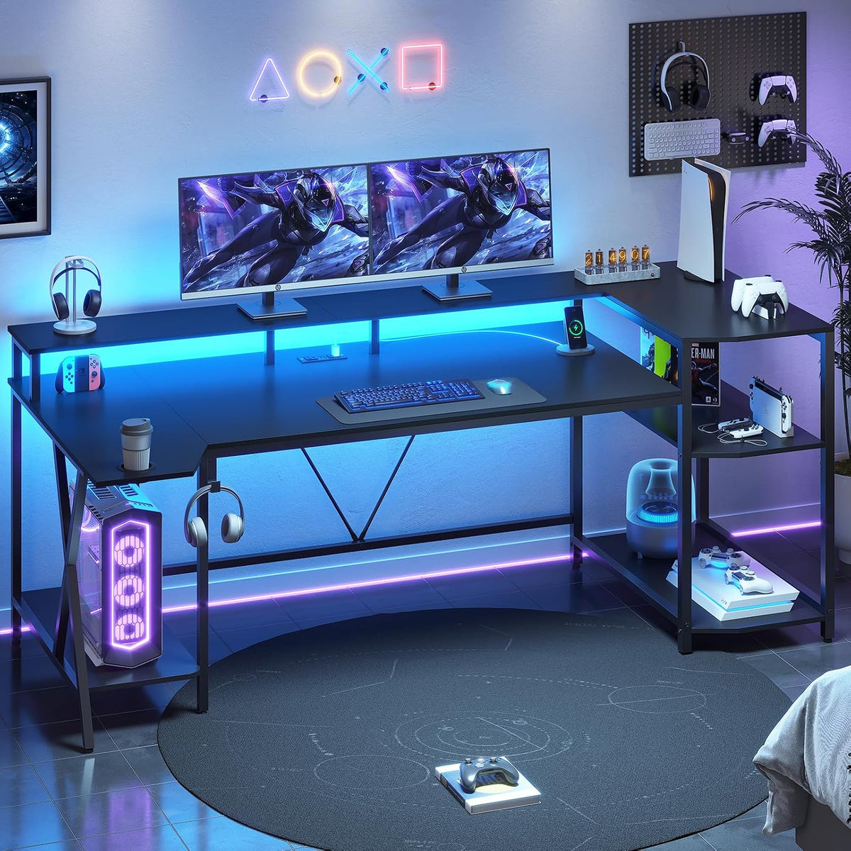 SEDETA Gaming Desk 70.8'' with LED Lights, Storage Shelves,Power Outlets