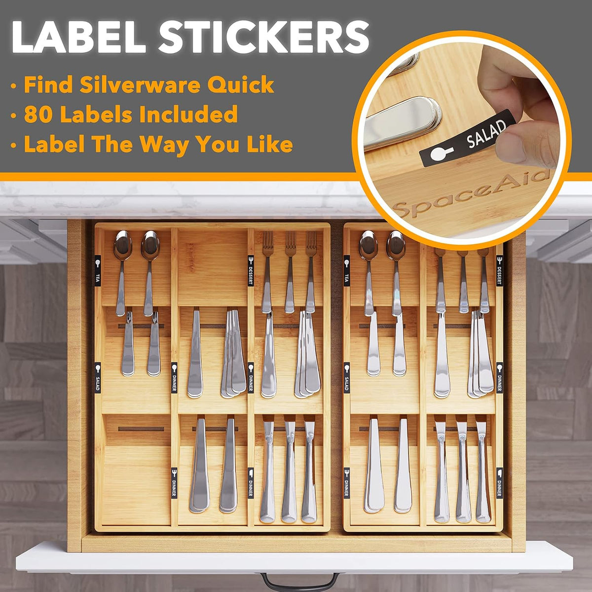 SpaceAid Bamboo Silverware Drawer Organizer with Labels (Natural, 6 Slots) Ba...