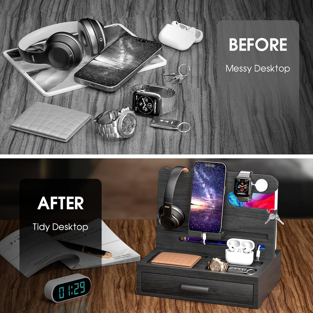 melafa365 Nightstand Organizer for Men,Phone Docking Station with Cable Manag...