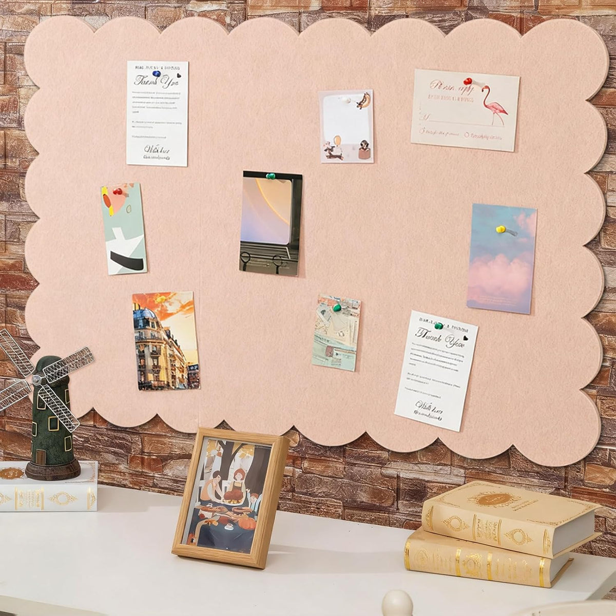 Mooliwe Scalloped Felt Bulletin Cork Board Foldable Flesh Pink 72 x 48 Inch