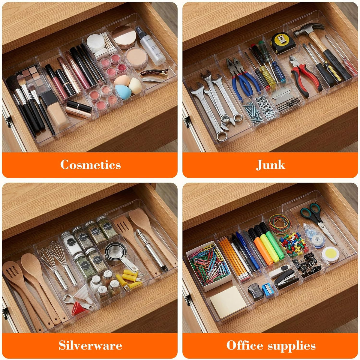 Briwooody 2 Pcs Expandable Drawer Organizer, Transparent, 11 Compartments