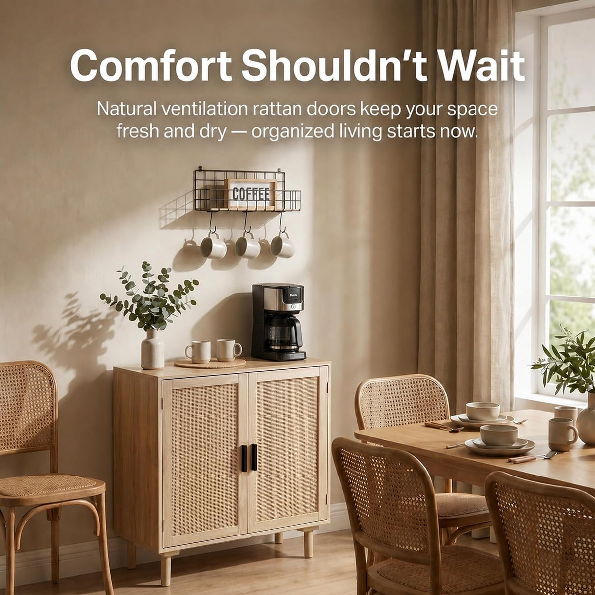Finnhomy Sideboard Buffet Cabinet, Kitchen Storage Sideboard with Rattan Deco...