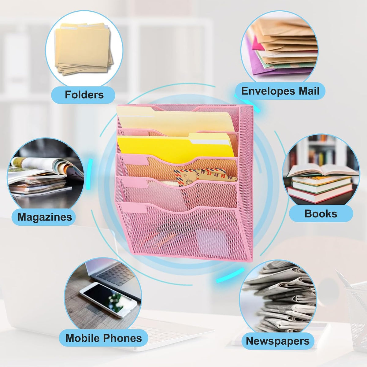 EASEPRES Magnetic 5 Pocket Mesh Hanging File Organizer, Wall Mounted Mail Pap...