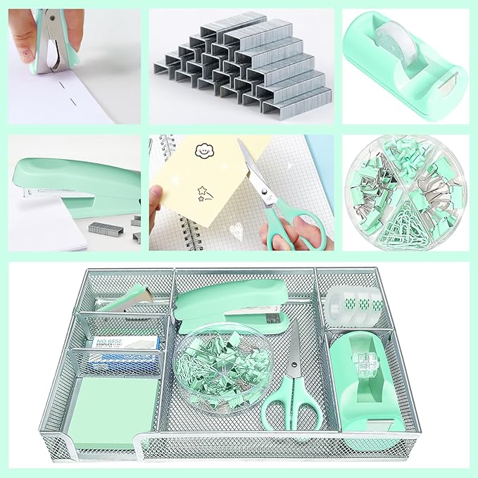Green Office Desk Accessories, Desk Drawer Organizer, Stapler and Tape - Image 4