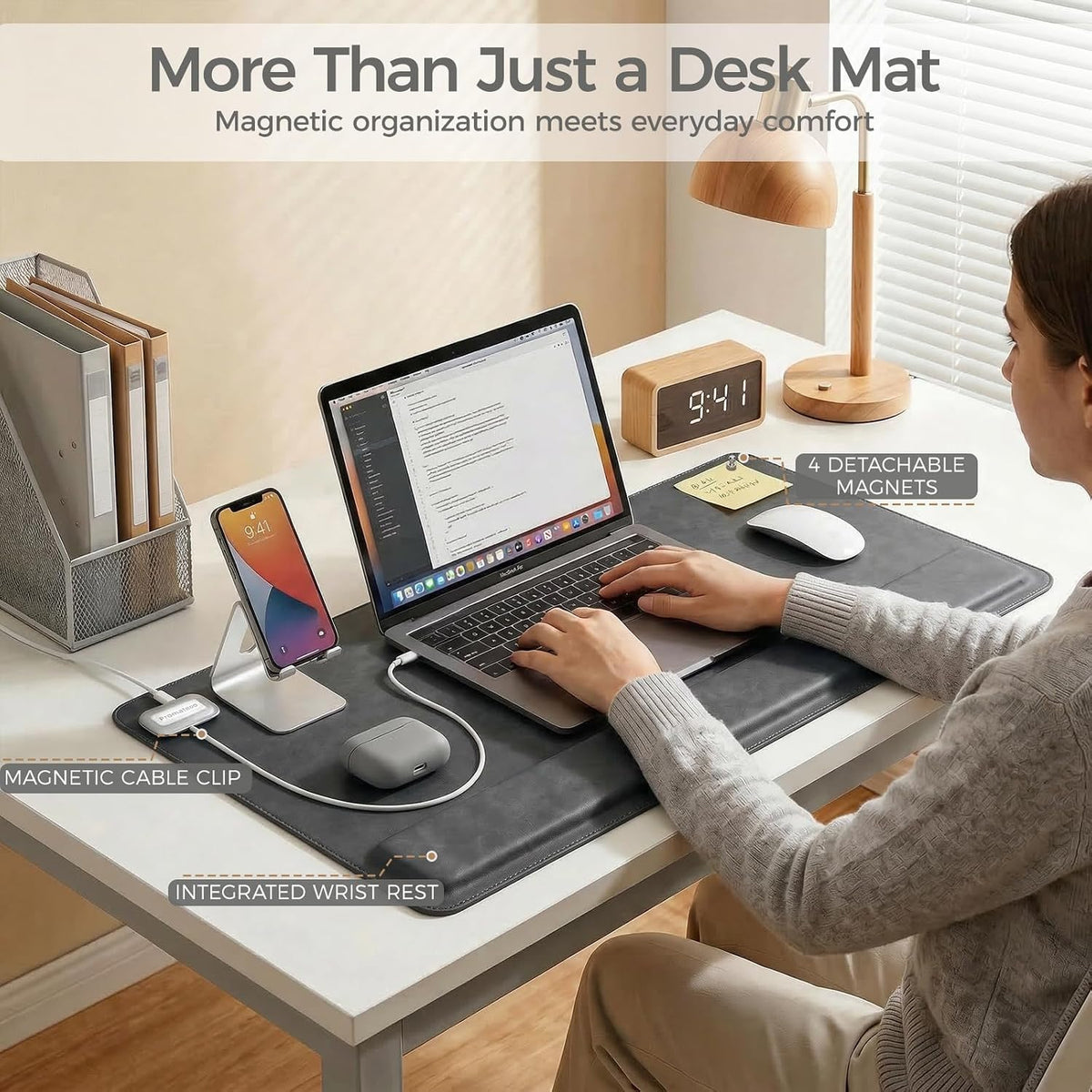 Magnetic Desk Mat System with Wrist Support 80×40cm, Premium Leather Desk Pad...