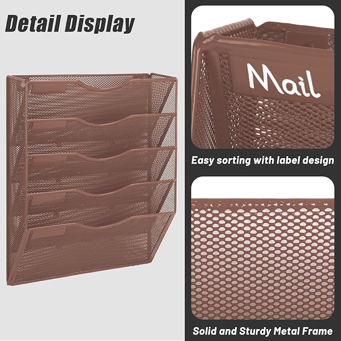 EASEPRES 5 Pocket Mesh Hanging Wall File Organizer, Wall Mounted Mail Paper - Image 4