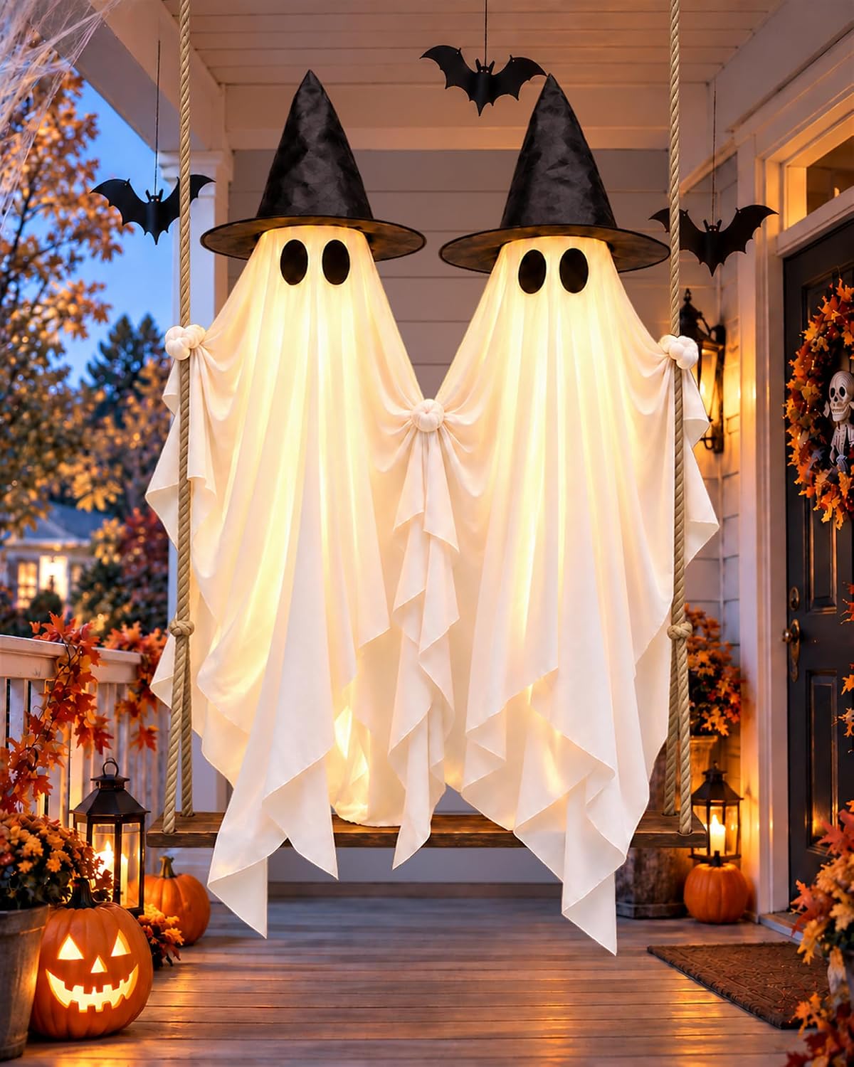 Evoio Halloween Swinging Ghost Outdoor Decor, Two 5FT Ghosts on a Swing, Ligh...