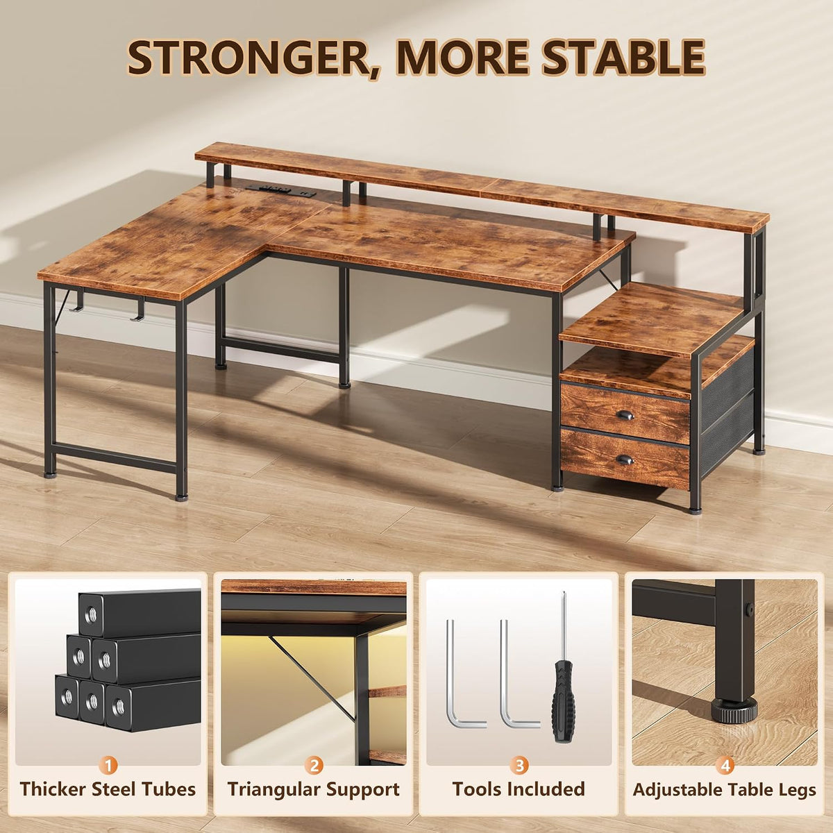 Korfile 57'' L Shaped Computer Desk with Storage Drawers, Power Outle...