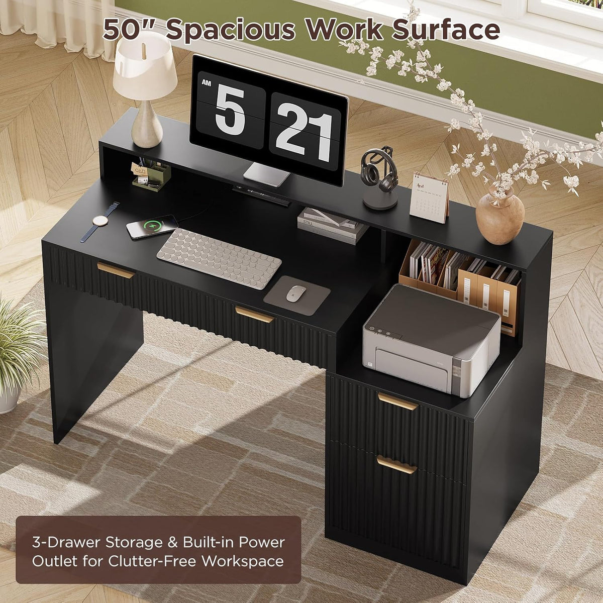 Vabches Fluted Computer Desk with Power Outlets, Home Office Desk with Drawer...