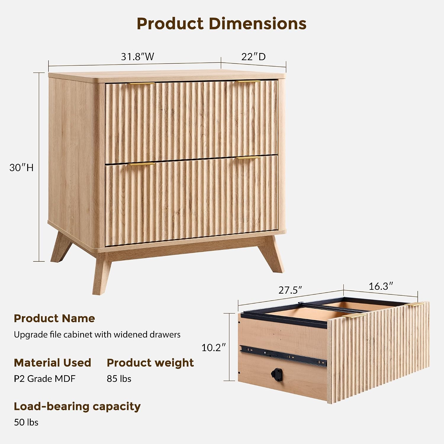 T4TREAM 31.8-Inch Fluted 2 Drawer Lateral File Cabinet, Natural Oak | Filing Cabinet with Files Hanging Rod for Letter, Legal, A4, Large Tabletop for Printer, Wood Printer Cabinets, Home Office