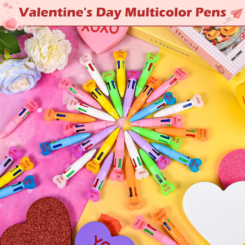 LiYiQ 25 Pcs Valentine's Day Conversation Multicolor Pen in One Cartoon Cute Fun 4-in-1 Pens Bulk Kawaii Be Mine Kiss Me Love Conversation Lovely Ballpoint Pens for Fun Gifts
