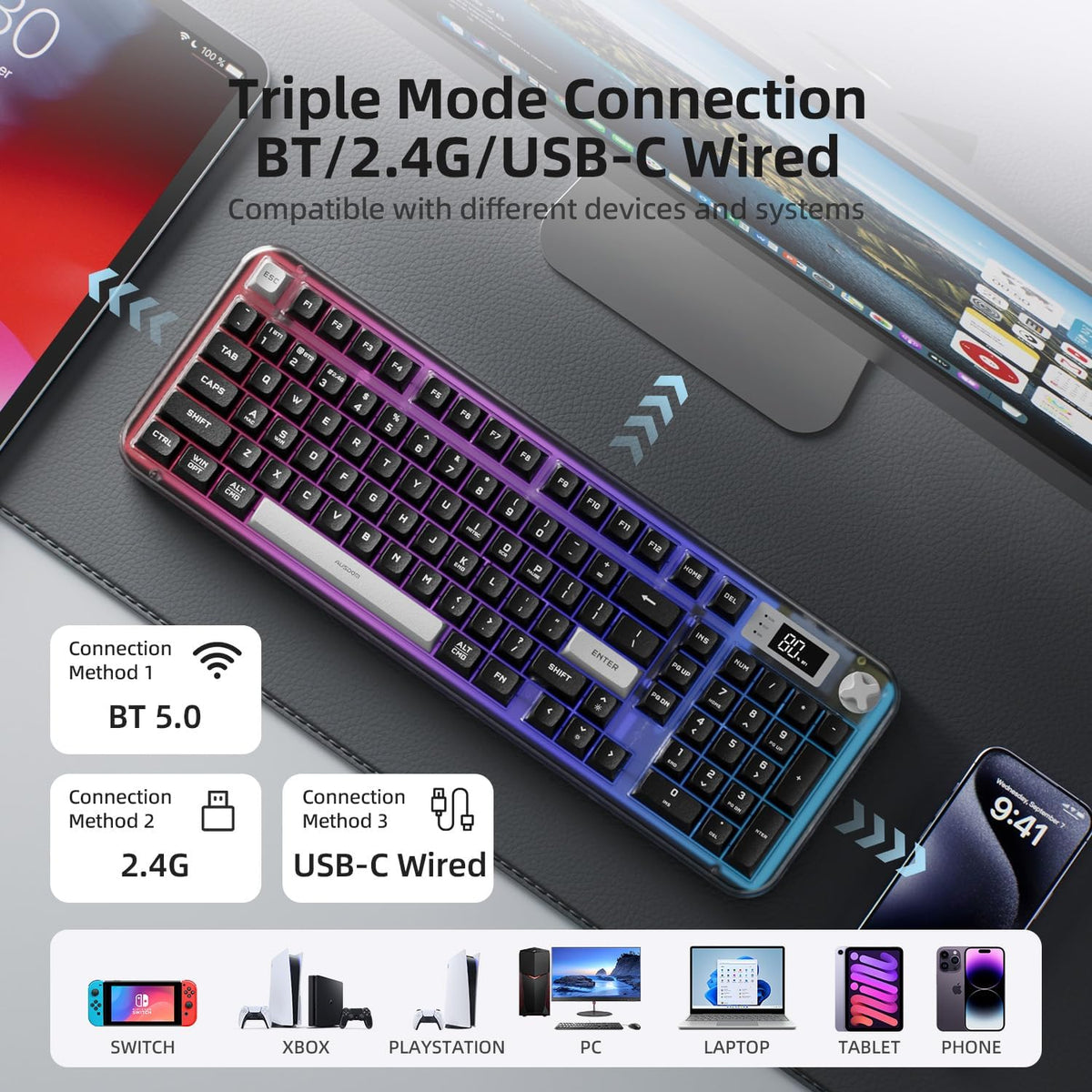 AUSDOM K98pro Wireless Silent Creamy Keyboard, Tri-Mode BT/2.4G/USB-C Compute...