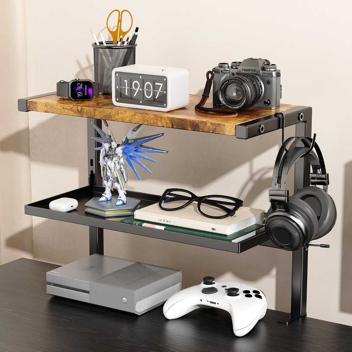 2-Tier Clamp Desk Shelf, No-Drill Under Desk Storage Clamp
